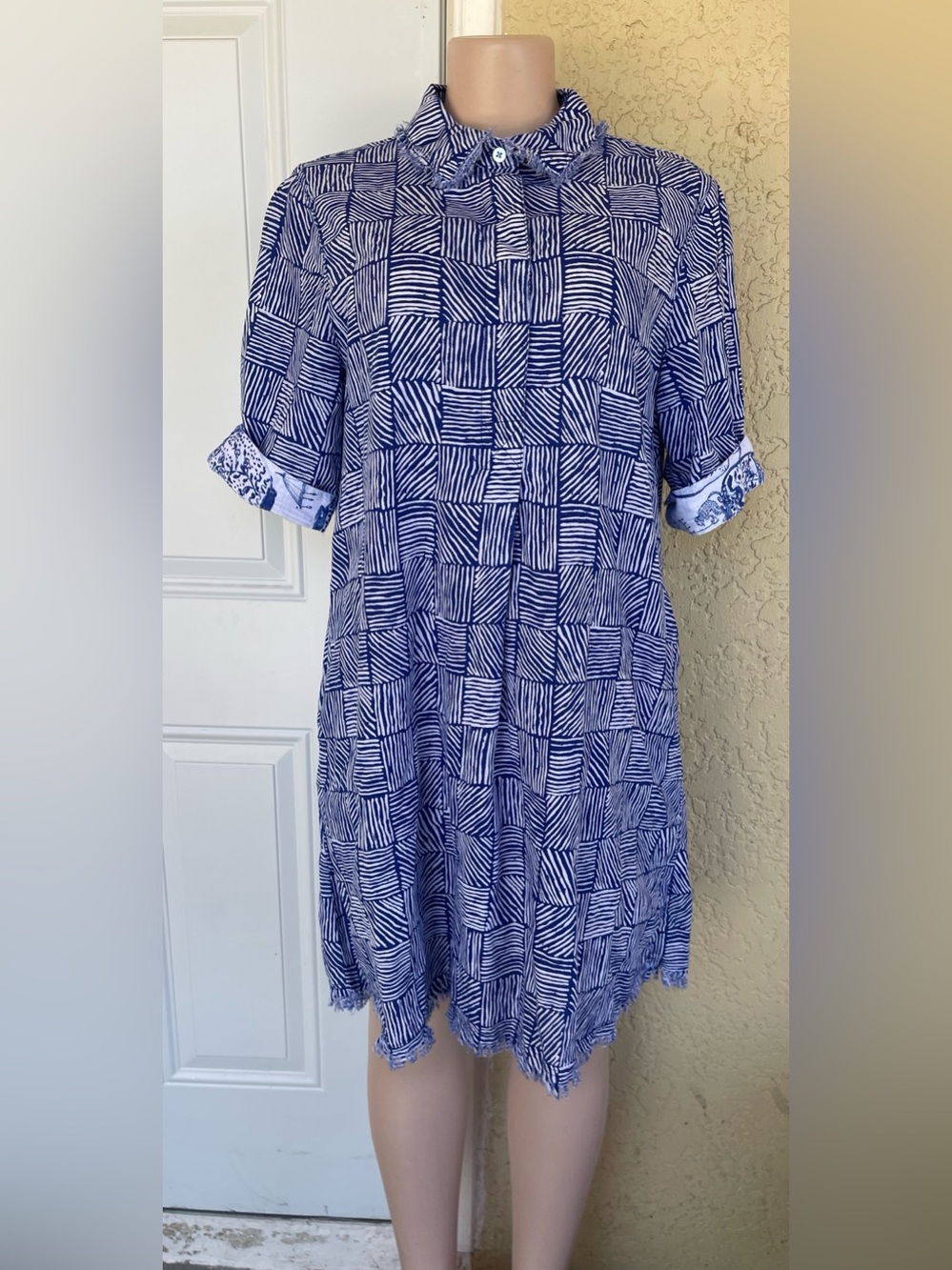 Dizzy Lizzie Navy & White Geometric Midi Shirt Dress